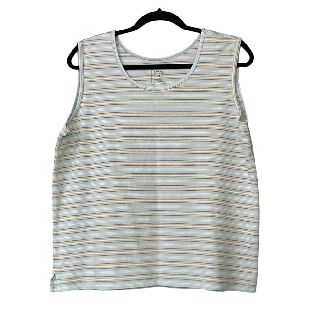Hasting & Smith Tank Top Womens Size XL Blue White Brown Stripes Split Hem Shirt